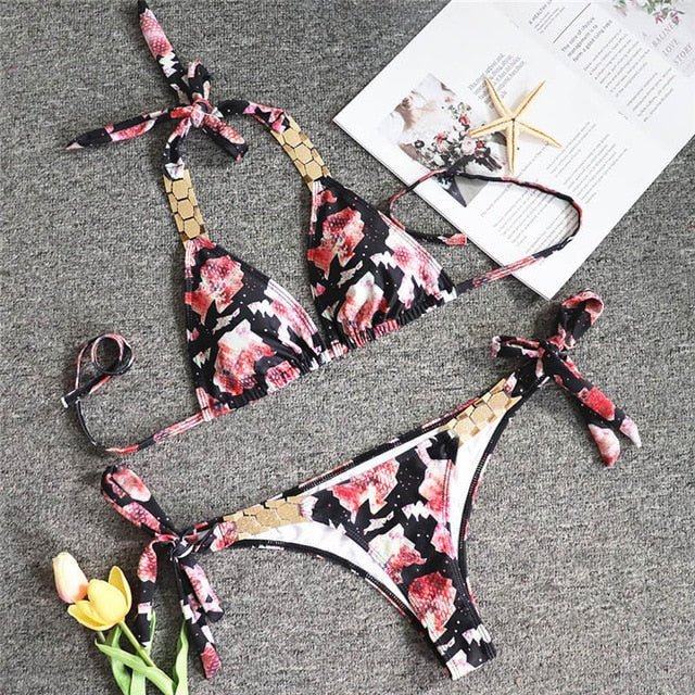 Girls' 2-Piece Leaf Printed Bikini Swimsuit Set for Kids, 5-14 Years
