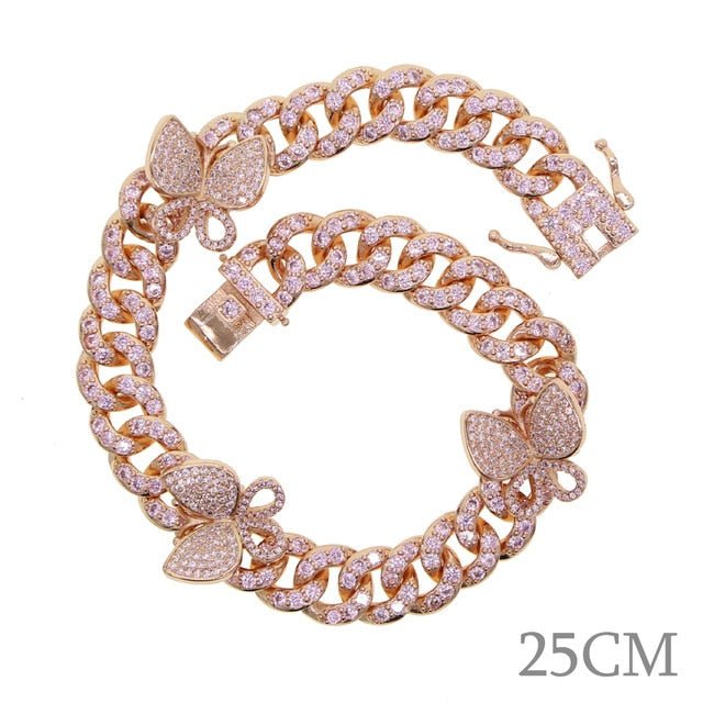 Butterfly Miami Cuban Link  Anklet / Bracelet / Necklace  Sunset and Swim Rose Gold Pink 25CM  