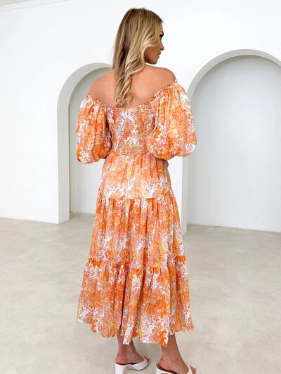 Printed Smocked Off-Shoulder Tiered Dress Sunset and Swim   