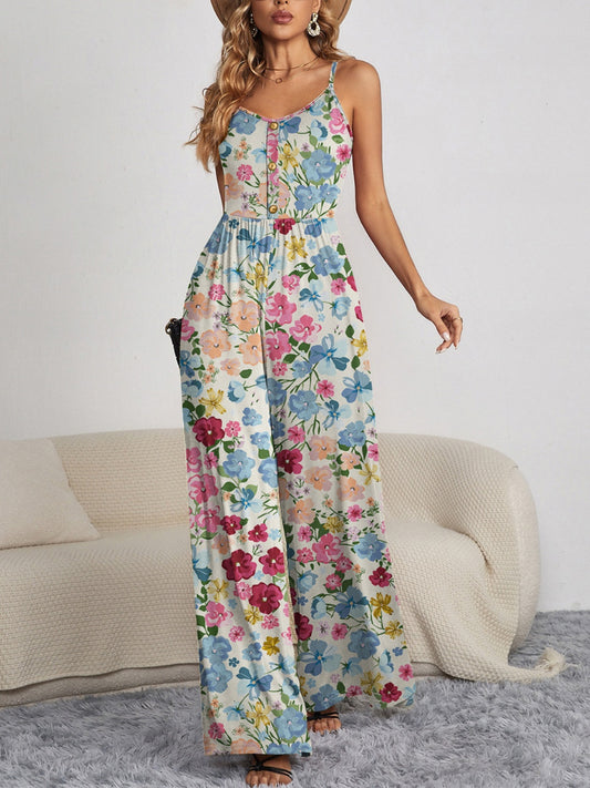 Sunset Vacation  Decorative Button Spaghetti Strap Wide Leg Jumpsuit Sunset and Swim Floral S 