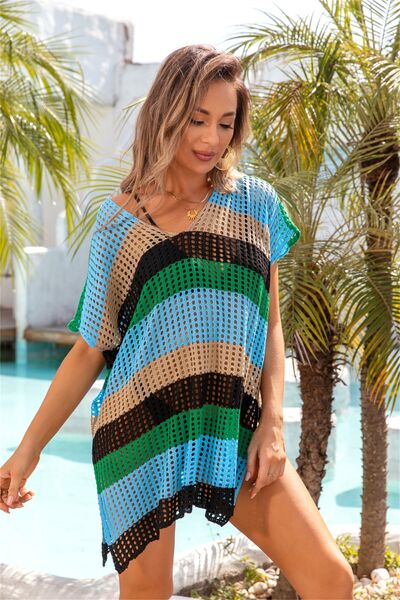 Sunset Vacation  Openwork Striped V-Neck Short Sleeve Cover Up Sunset and Swim Black One Size 