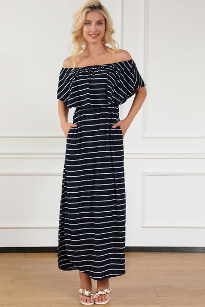 Striped Off-Shoulder Slit Dress Sunset and Swim Black S 
