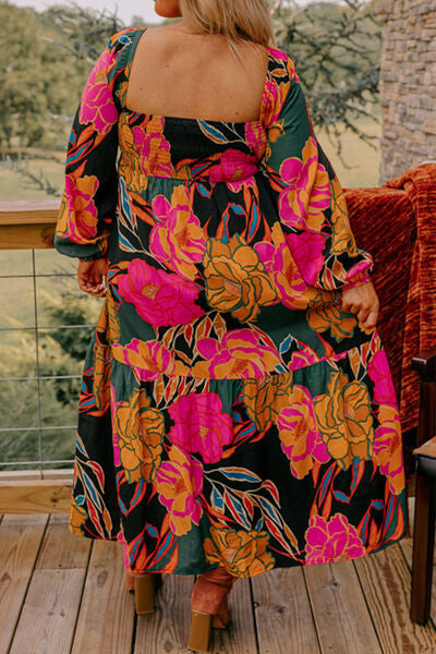 Plus Size Printed Square Neck Balloon Sleeve Dress Sunset and Swim   