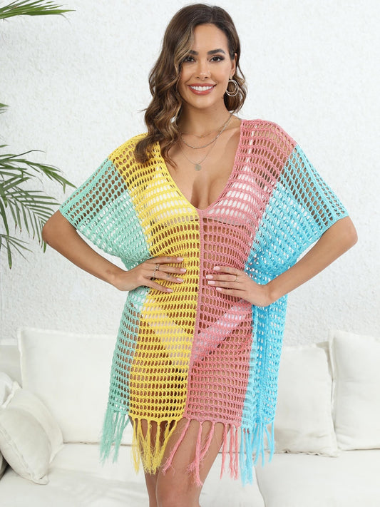 Sunset Vacation  Fringe Color Block Scoop Neck Cover Up  Sunset and Swim Light Mauve One Size 