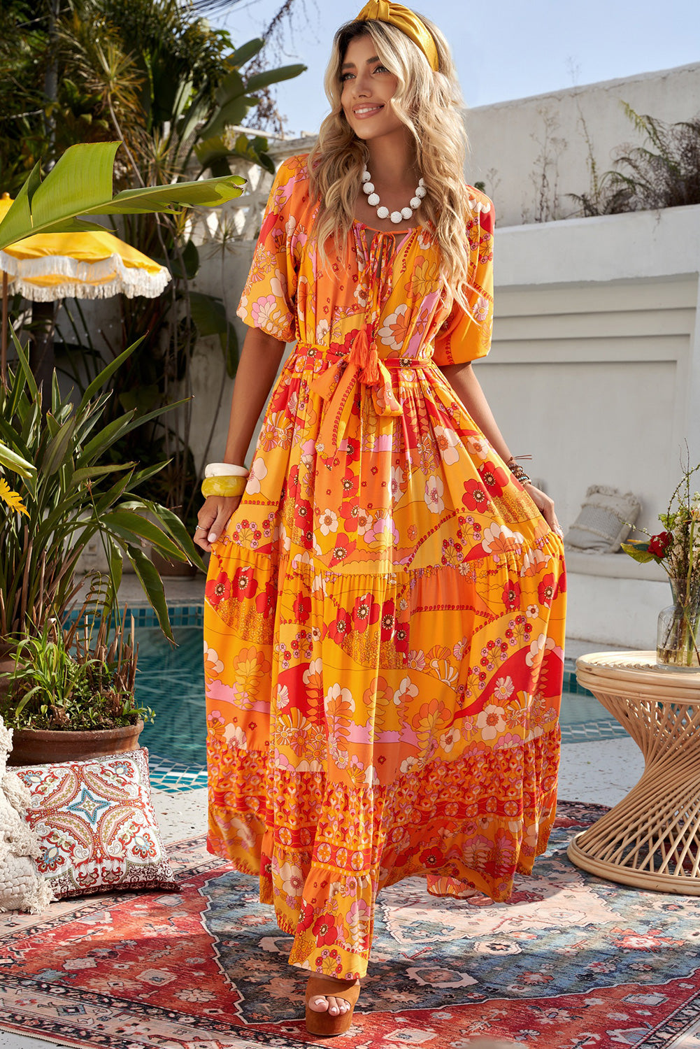 Bohemian Tie-Waist Tiered Maxi Dress  Sunset and Swim Orange S 