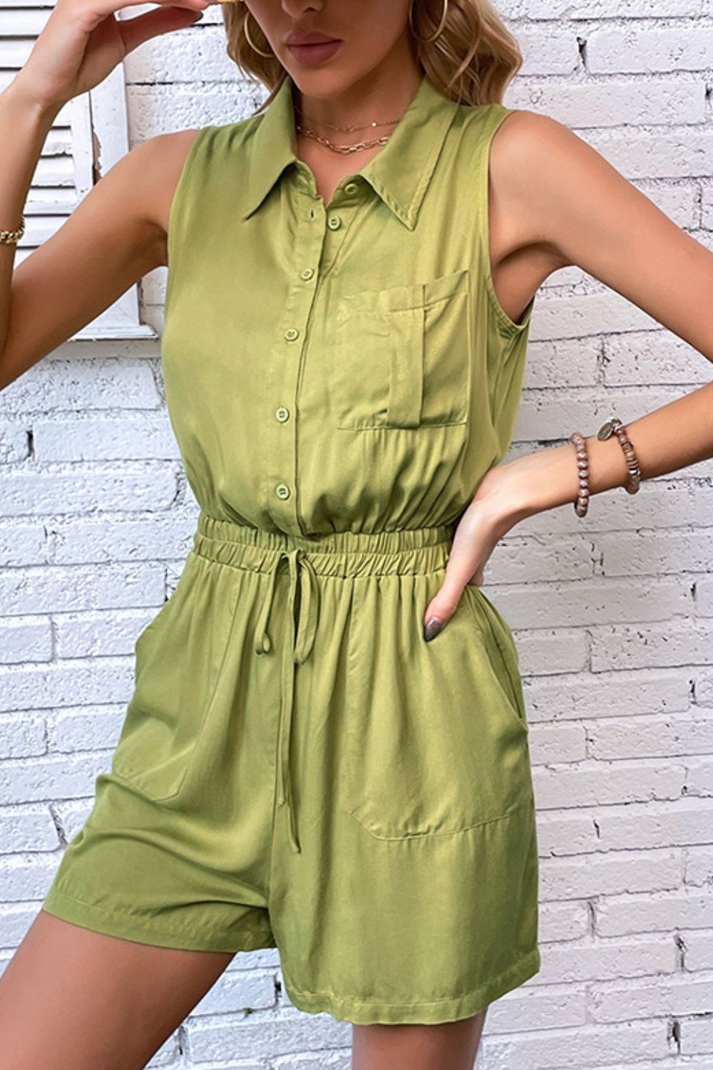 Collared Neck Sleeveless Romper with Pockets Playsuit  Sunset and Swim Chartreuse S 