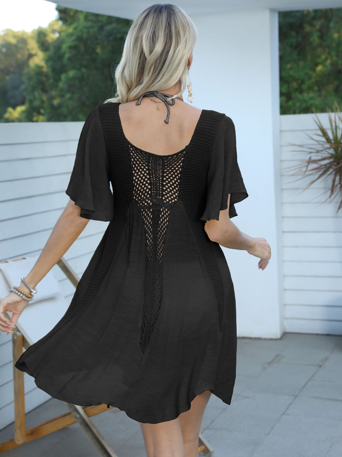 Sunset Vacation  Openwork Flutter Sleeve Cover-Up Dress  Sunset and Swim   
