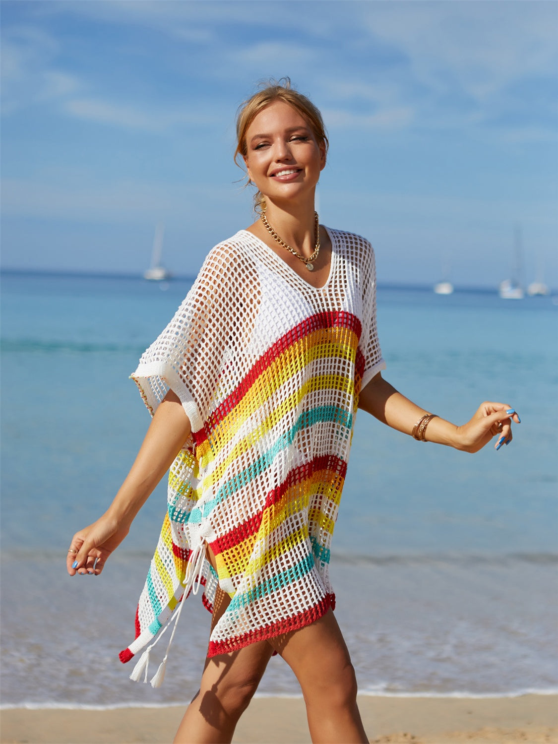 Sunset VCAY  Cutout Striped Cover-Up with Tassel  Sunset and Swim   
