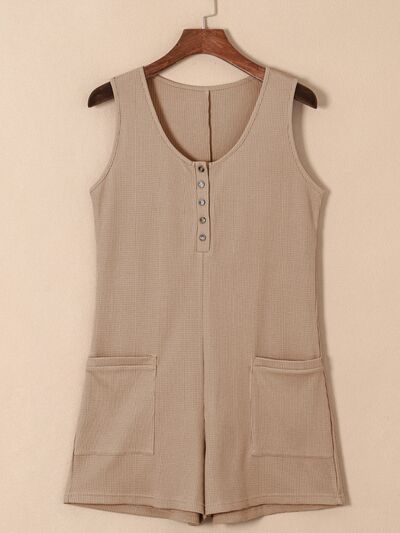 Waffle-Knit Half Button Sleeveless Romper with Pockets Sunset and Swim Camel S 