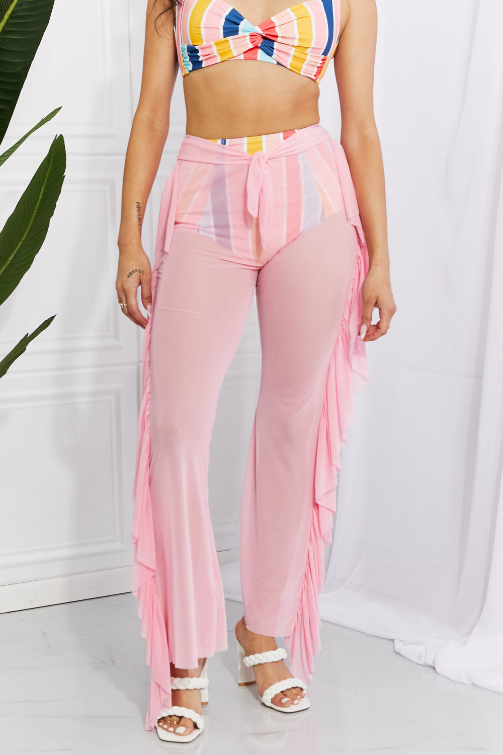 Marina West Swim Take Me To The Beach Mesh Ruffle Cover-Up Pants  Sunset and Swim Blush Pink One Size 