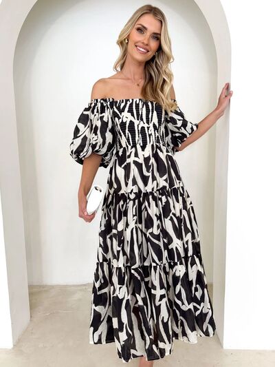 Printed Smocked Off-Shoulder Tiered Dress Sunset and Swim   