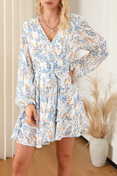 Printed Surplice Balloon Sleeve Mini Dress Sunset and Swim Floral S 