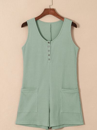 Waffle-Knit Half Button Sleeveless Romper with Pockets Sunset and Swim Gum Leaf S 