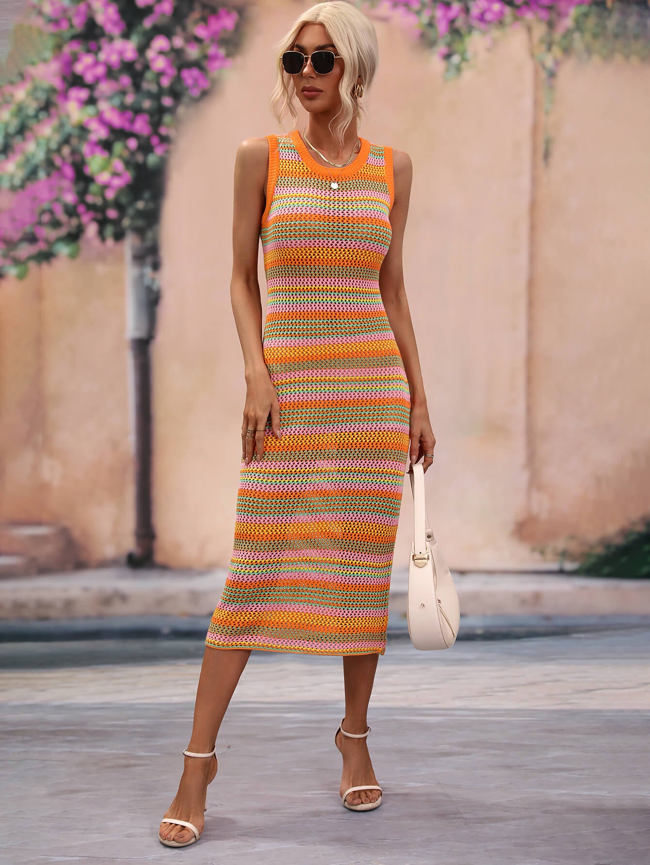 Michalina Striped Round Neck Sleeveless Midi Crochet Swimsuit Cover Up Dress  Sunset and Swim   