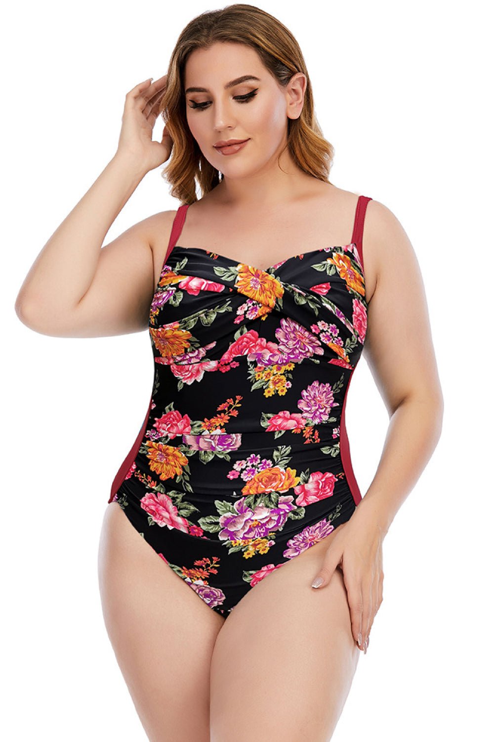 Carol Floral Crisscross One-Piece Plus Size Swimsuit  Sunset and Swim Black/Red M 
