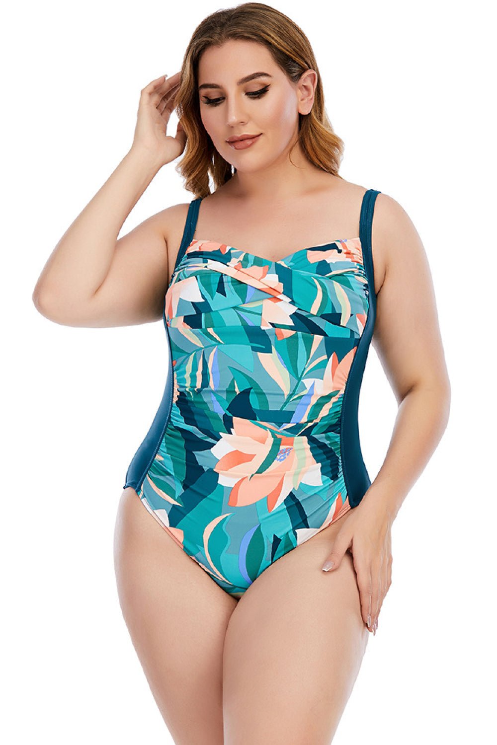 Carol Floral Crisscross One-Piece Plus Size Swimsuit  Sunset and Swim Teal M 