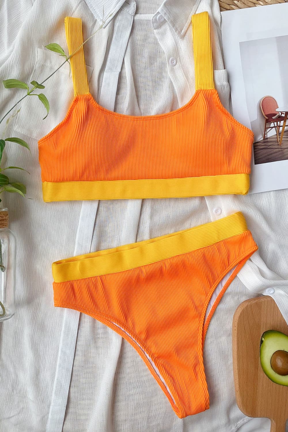 Color Block Scoop Neck Bikini Set  Sunset and Swim Tangerine S 