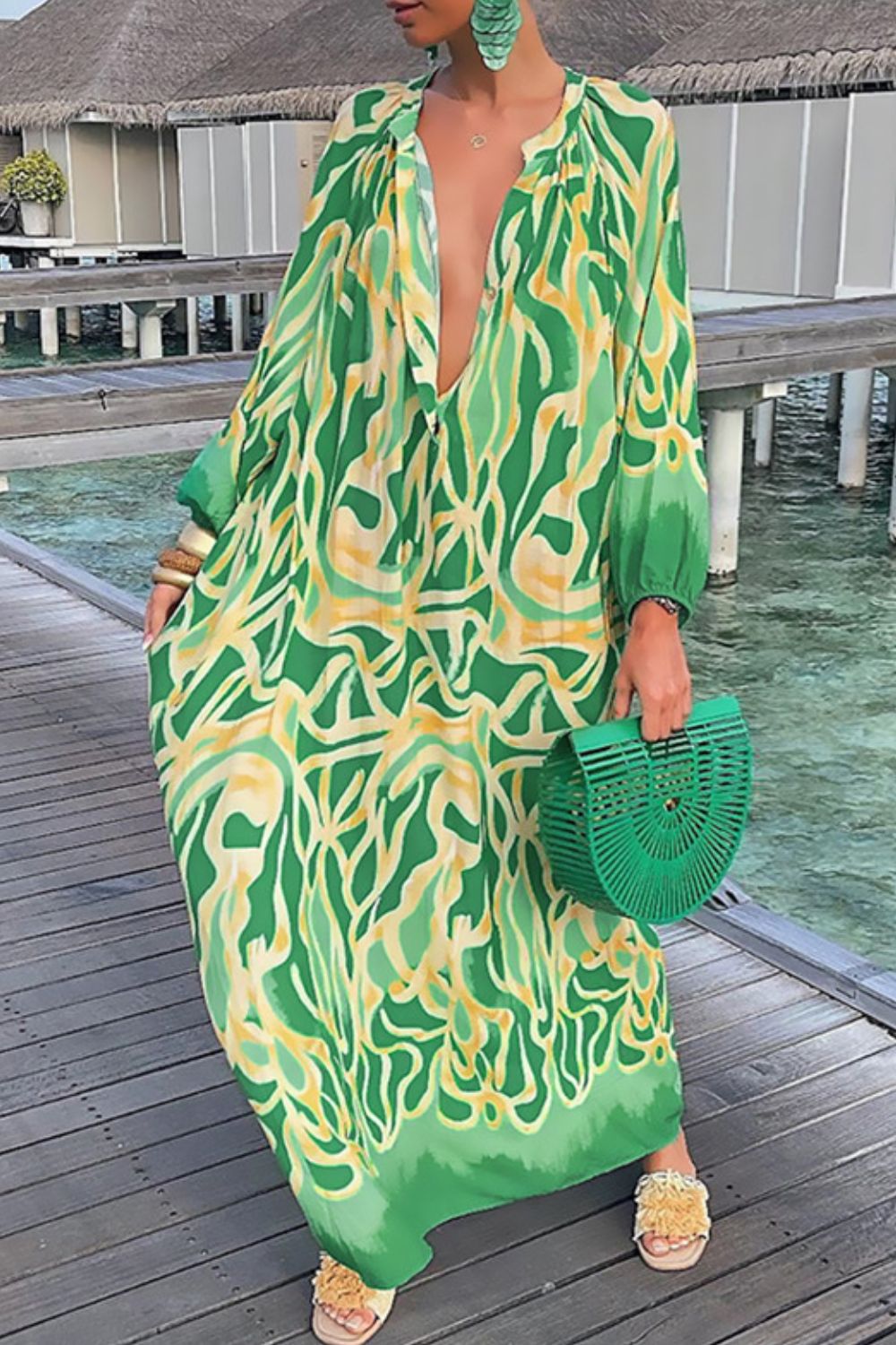 Resort Life Beach Coverup Sleeve Dress  Sunset and Swim Mid Green S 