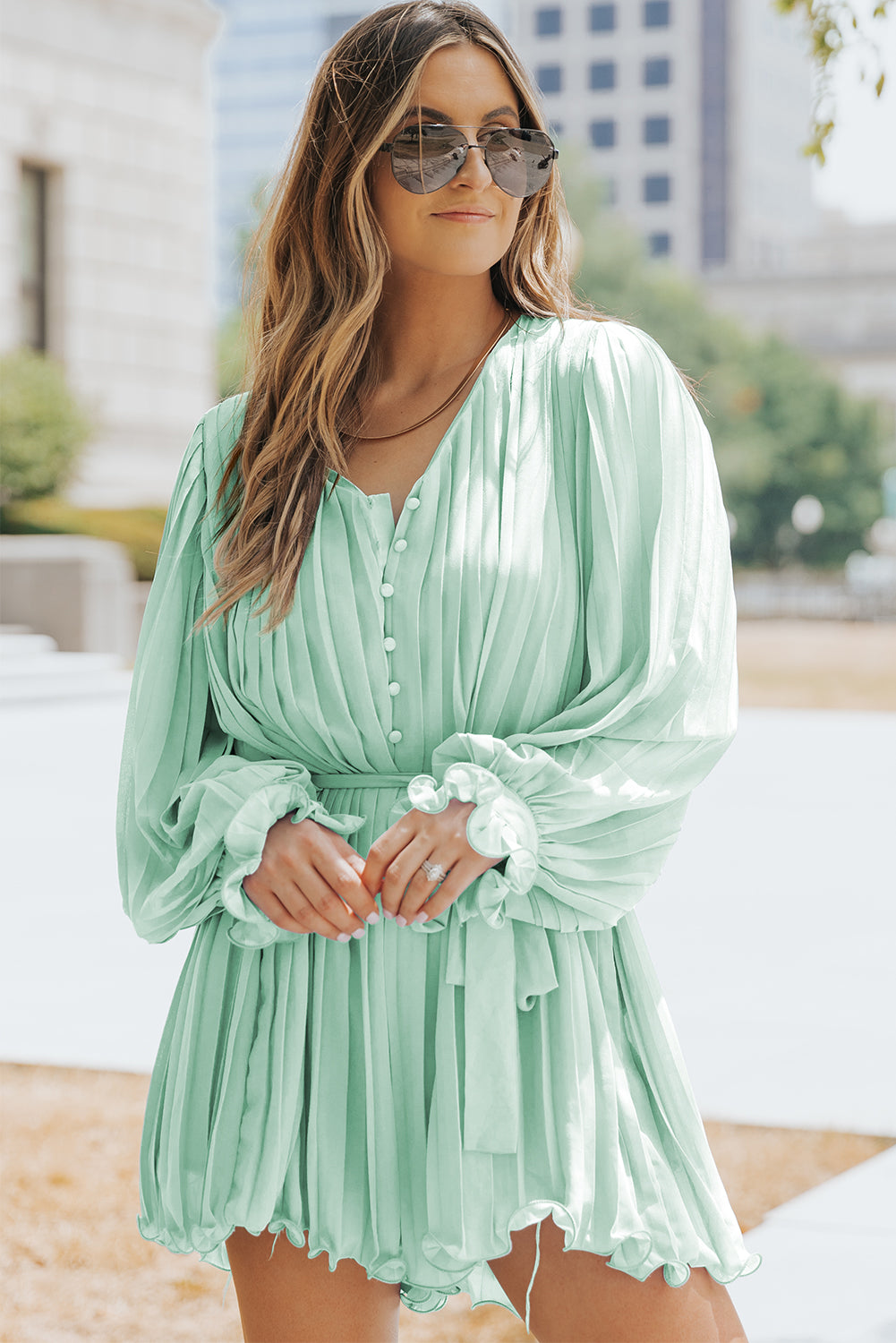 Pleated Button Front Flounce Sleeve Romper Playsuit  Sunset and Swim   