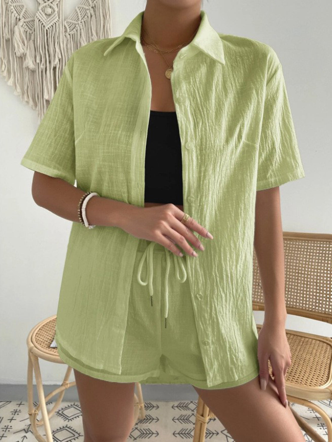 Sunset Vacation  Button Up Short Sleeve Shirt and Drawstring Shorts Set  Sunset and Swim Light Green S 