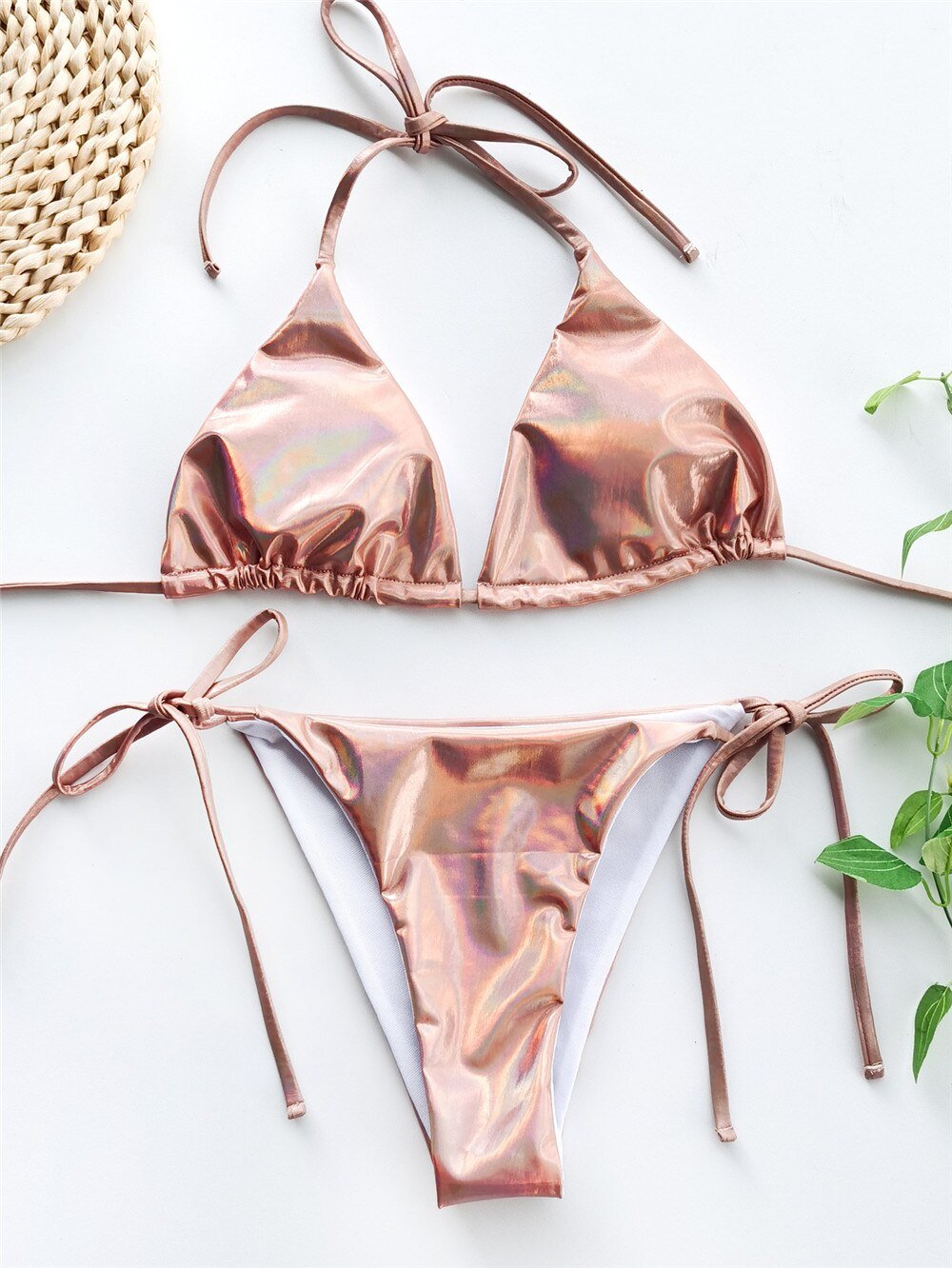 Champagne Deluxe Metallic Triangle Bikini Set  Sunset and Swim   