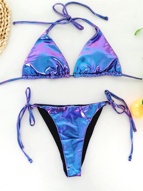 Champagne Deluxe Metallic Triangle Bikini Set  Sunset and Swim Blue S 