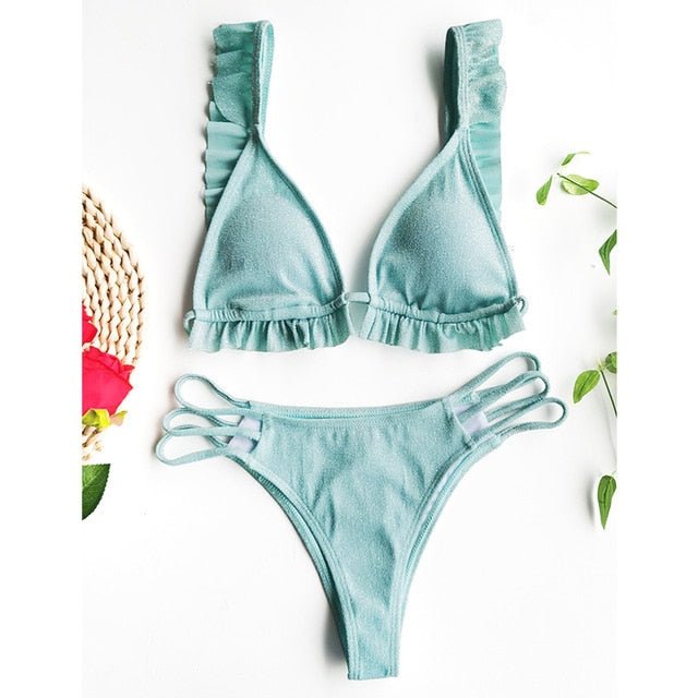 Charlotte Ruffle Triangle Brazilian Bikini  Sunset and Swim Turquoise M 
