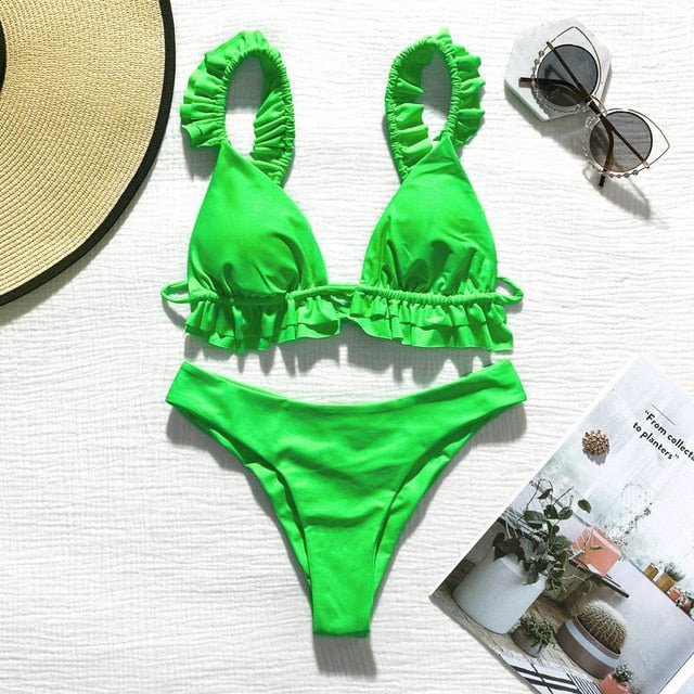 Charlotte Ruffle Triangle Brazilian Bikini  Sunset and Swim Green S 