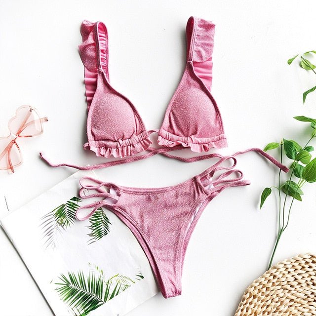 Charlotte Ruffle Triangle Brazilian Bikini  Sunset and Swim Pink L 