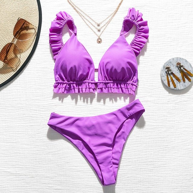 Charlotte Ruffle Triangle Brazilian Bikini Sunset and Swim Purple S 