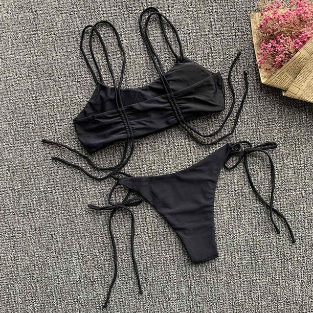 Charlotte Ruffle Triangle Brazilian Bikini  Sunset and Swim Black S 