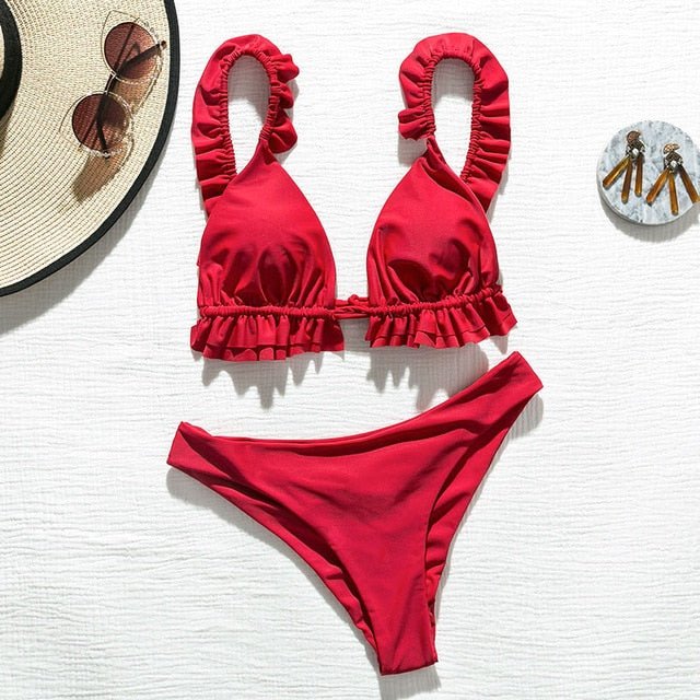 Charlotte Ruffle Triangle Brazilian Bikini  Sunset and Swim Red L 