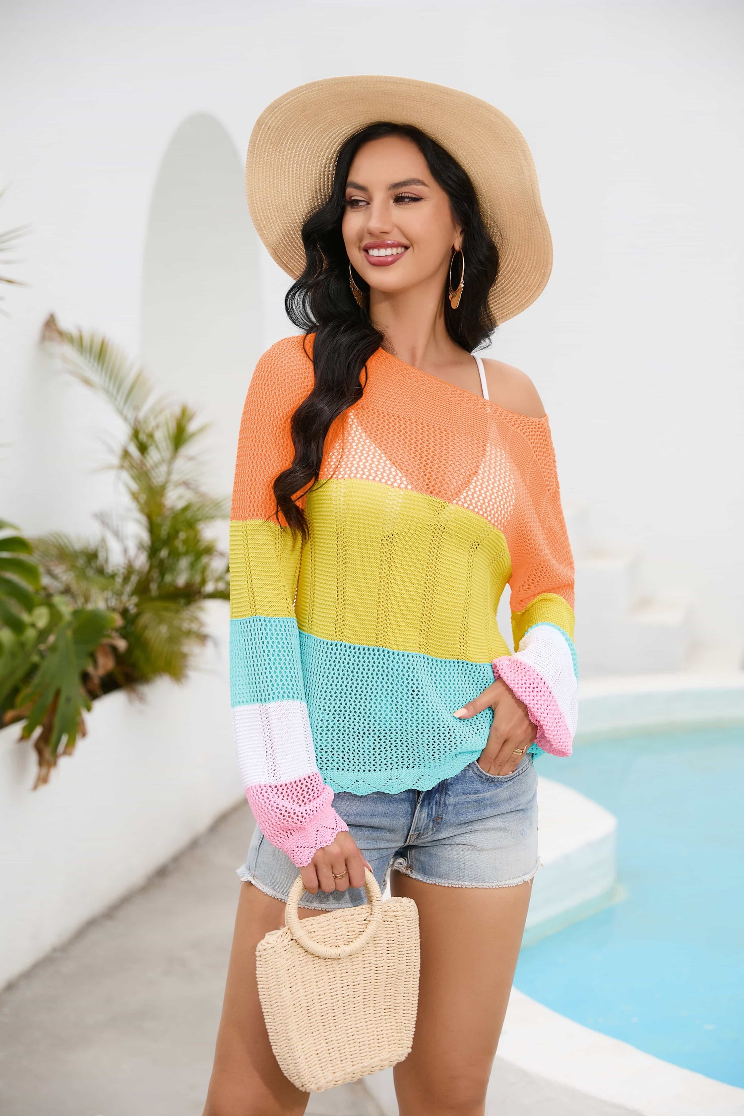Sunset and Swim Color Block Boat Neck Sheer Swimsuit Coverup  Sunset and Swim   