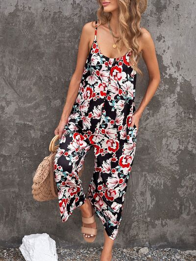 Printed Spaghetti Strap Jumpsuit with Pockets  Sunset and Swim Strawberry S 