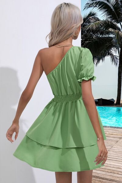 Layered Single Shoulder Flounce Sleeve Mini Dress Sunset and Swim   