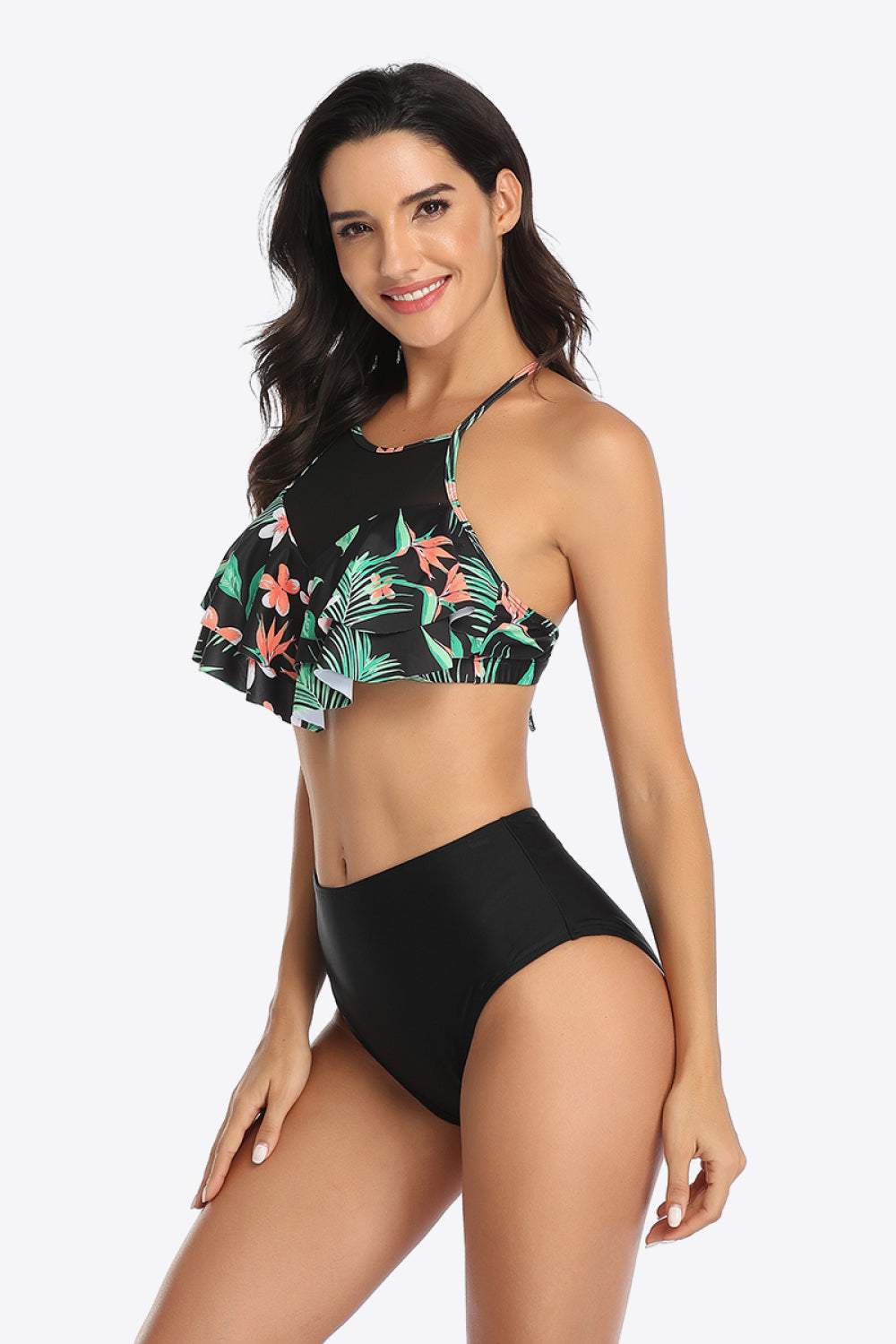 Tropical Print Ruffled Two-Piece Swimsuit  Sunset and Swim   