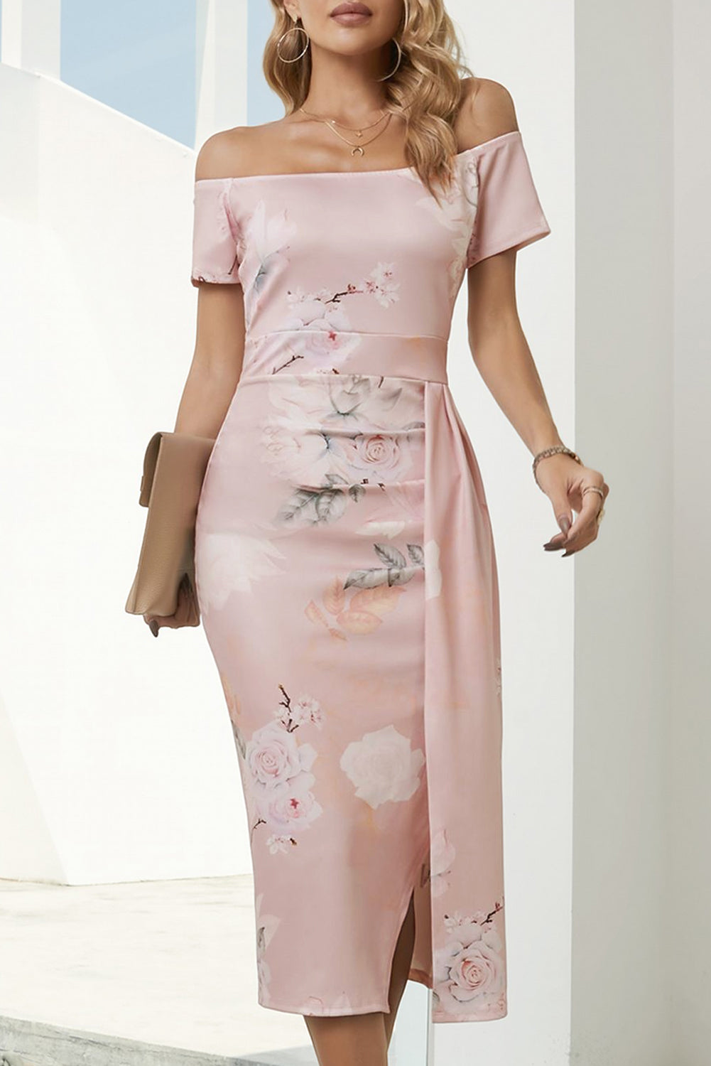 Printed Off-Shoulder Split Dress Sunset and Swim Blush Pink S 
