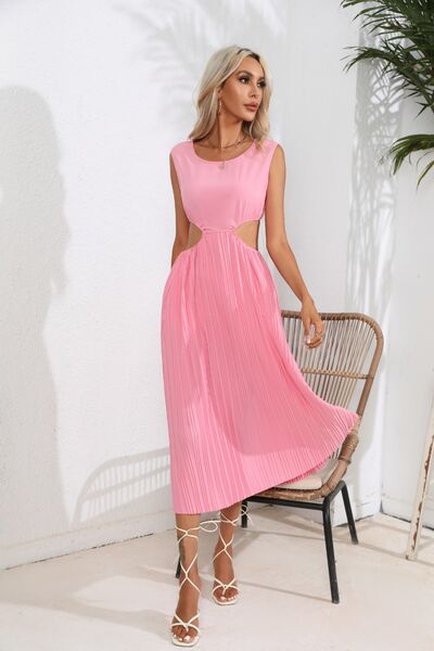 Cutout Ruched Round Neck Tank Dress Sunset and Swim   