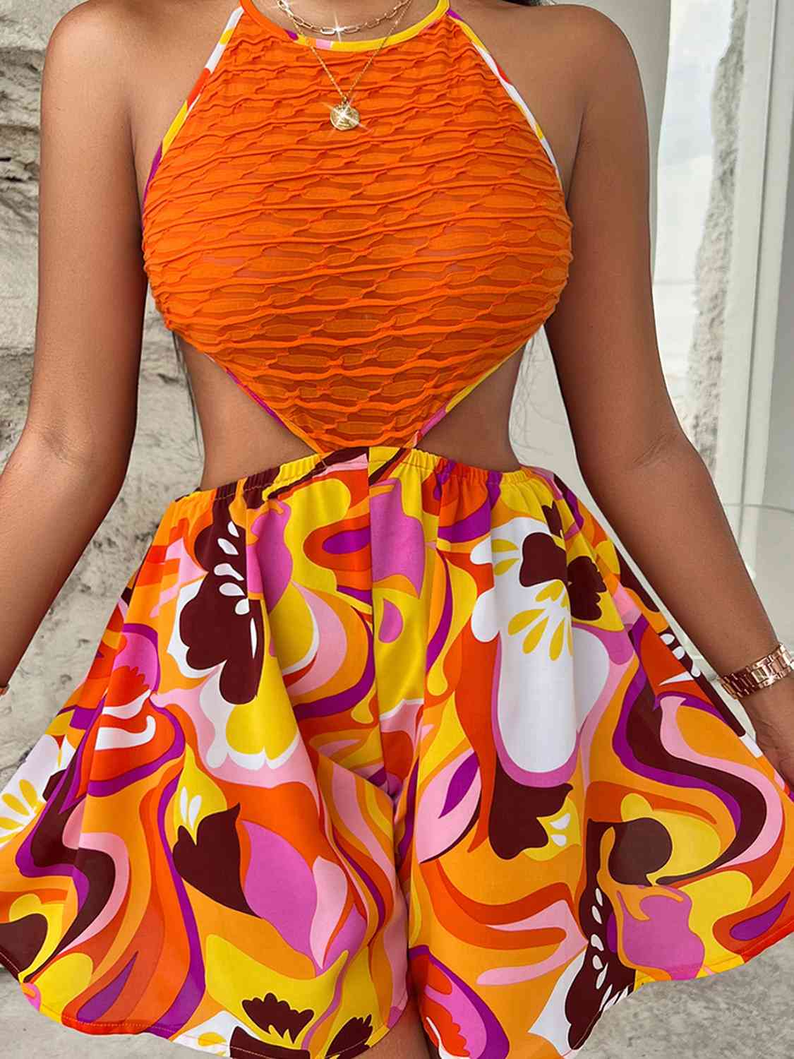 Sleeveless Cutout Printed Mini Dress Sunset and Swim   