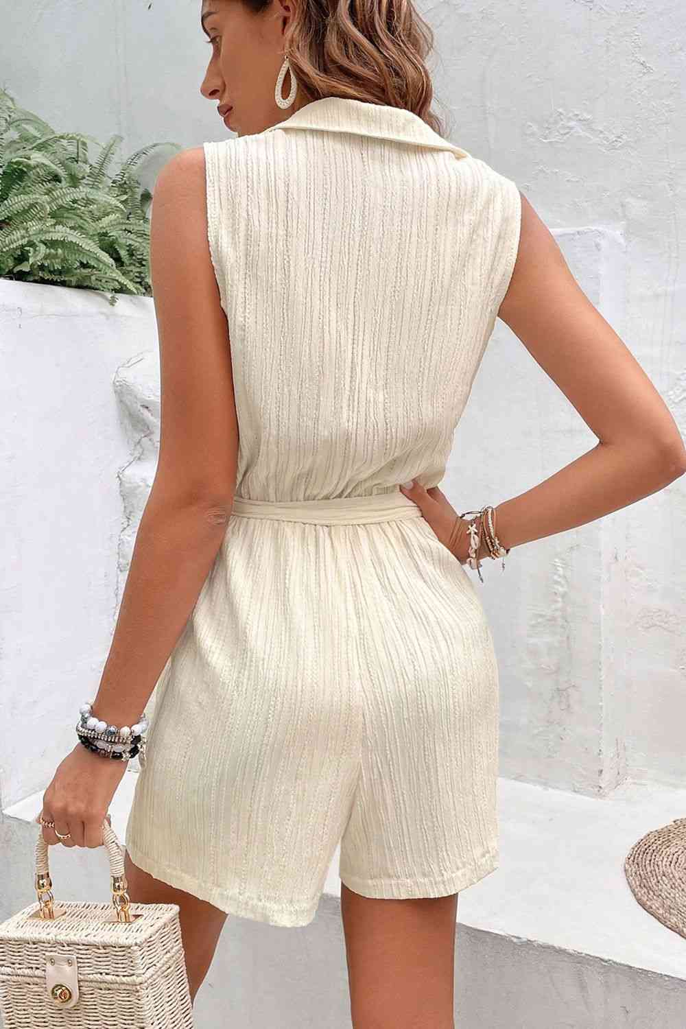 Collared Neck Buttoned Tie Waist Sleeveless Romper Sunset and Swim   