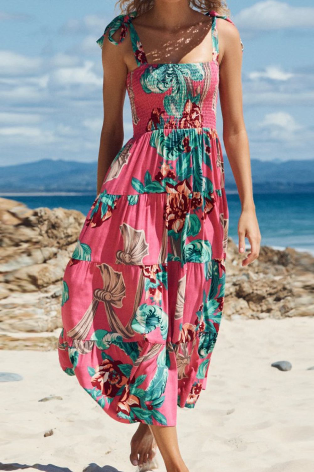 Floral Smocked Tie-Shoulder Tiered Dress Sunset and Swim Multicolor S 