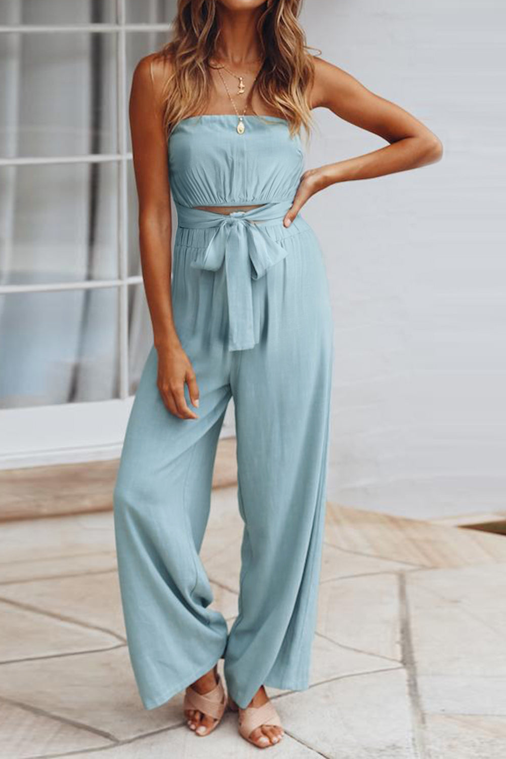 Sunset Vacation  Tied Cutout Tube Wide Leg Jumpsuit  Sunset and Swim Misty  Blue S 