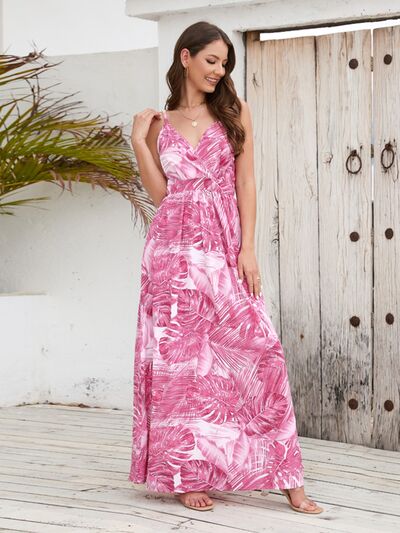 Printed Surplice Spaghetti Strap Dress Sunset and Swim Carnation Pink S 