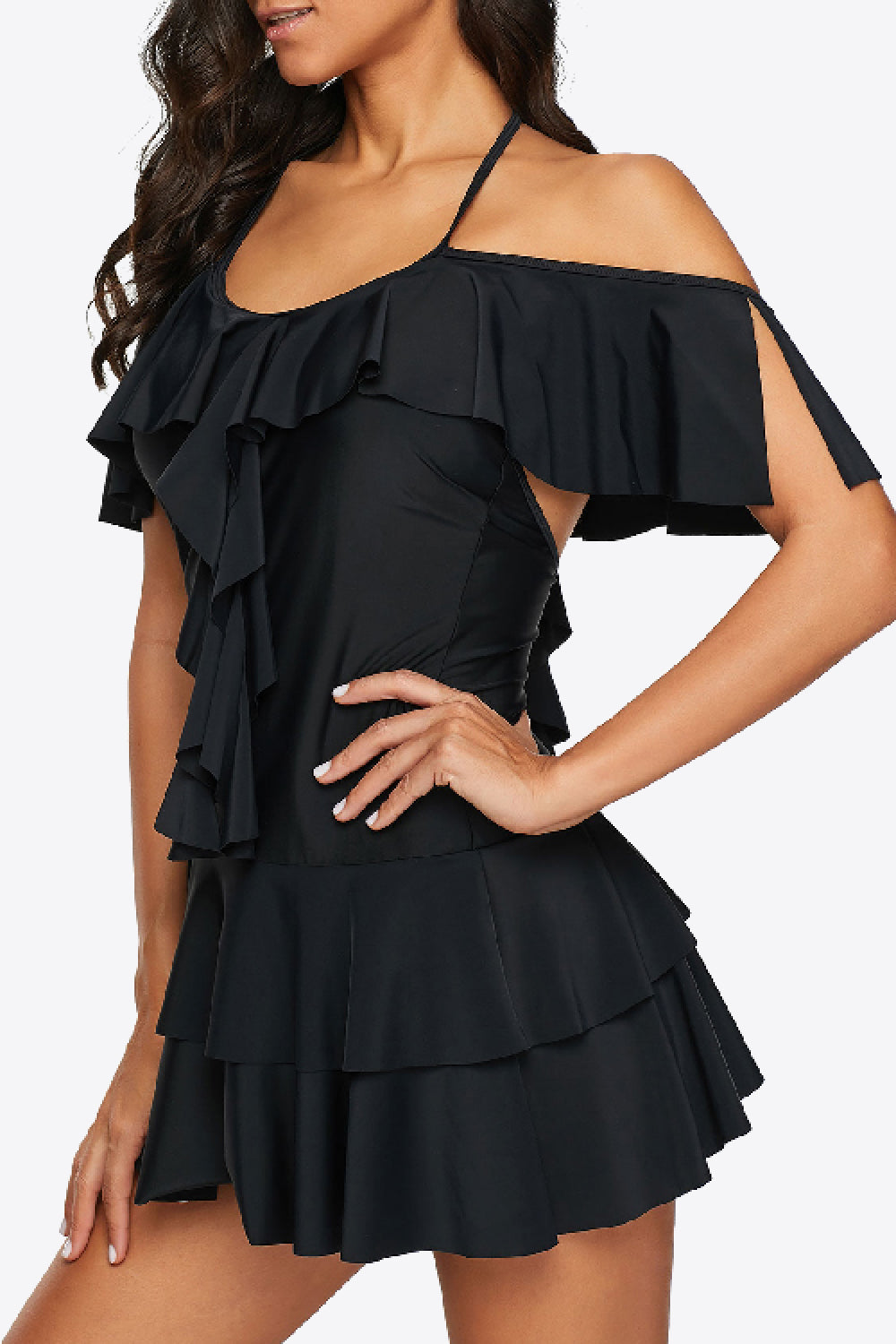 Sunset and Swim Ruffled Cold-Shoulder Two-Piece Tankini  Sunset and Swim   