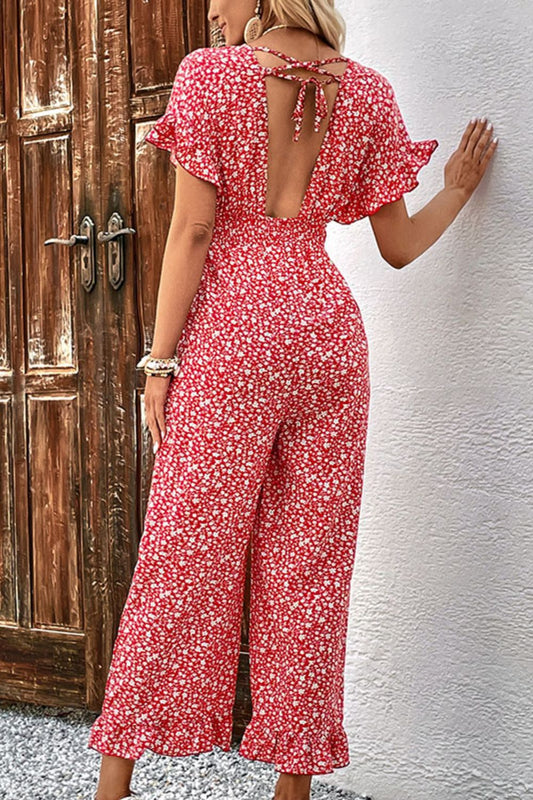 Printed Tie Back Ruffled Jumpsuit  Sunset and Swim   