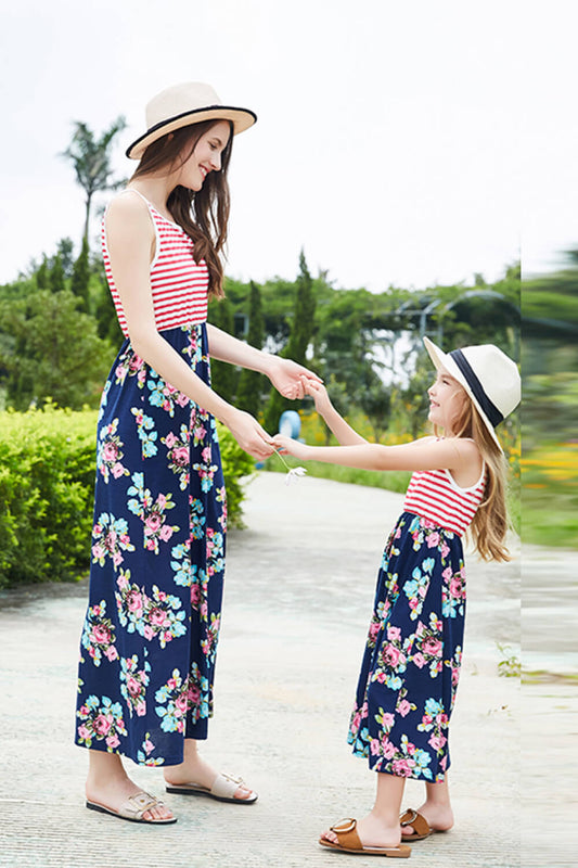 Women Striped Floral Sleeveless Dress Mother Daughter Swimwear  Sunset and Swim   