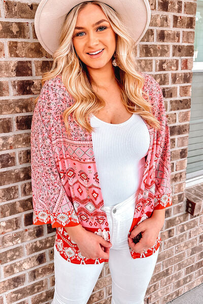 Open Front Printed Kimono Sleeve Cardigan Sunset and Swim Dusty Pink S 