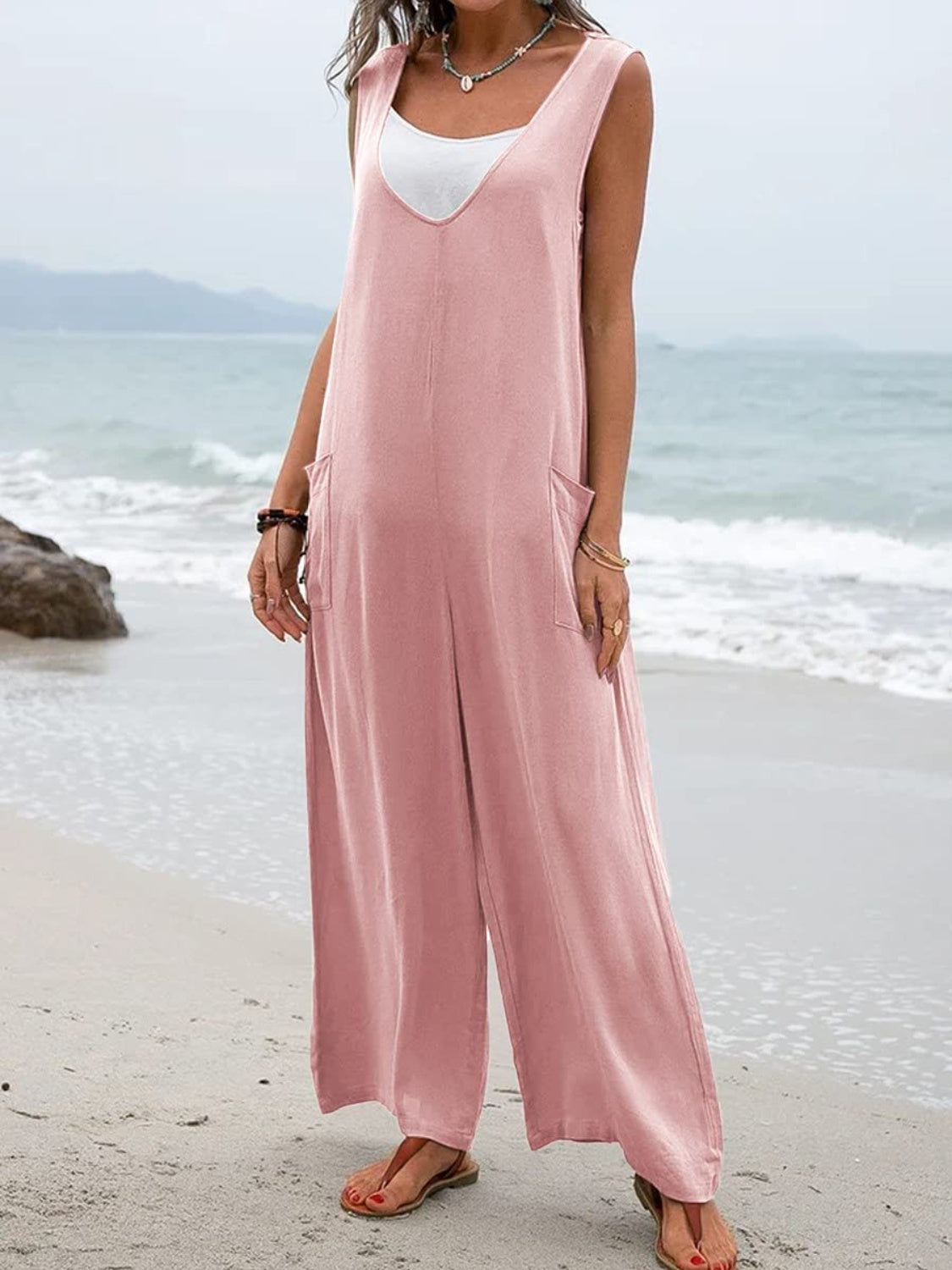 Sunset Vacation  Full Size Wide Strap Jumpsuit with Pockets Sunset and Swim   