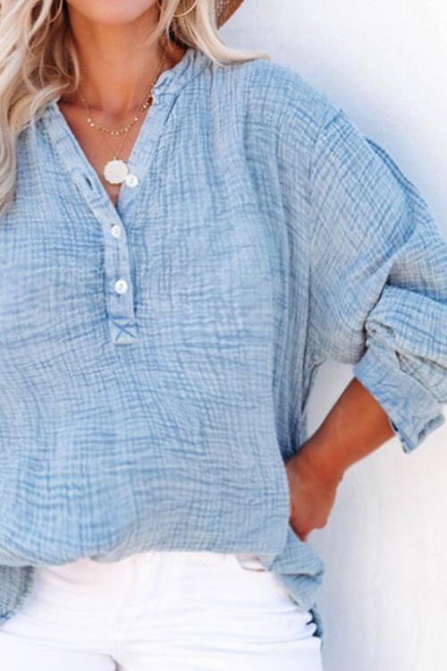 Plus Size Half Button Long Sleeve Blouse  Sunset and Swim   