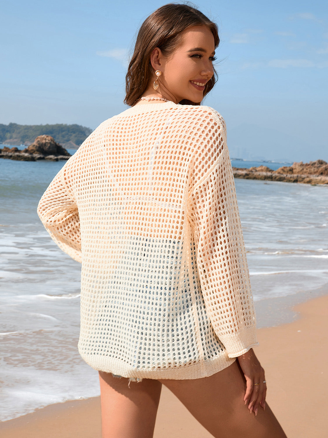 Sunset Vacation  Openwork Dropped Shoulder Long Sleeve Cover-Up  Sunset and Swim   